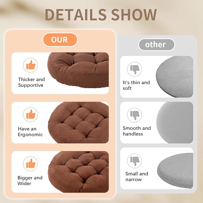 Meditation Floor Pillow, 2 Pack Round Floor Cushions for Adults, Button Tufted Seat Cushions for Yoga Tatami Living Room, Brown, 22 x 22 x 4 in