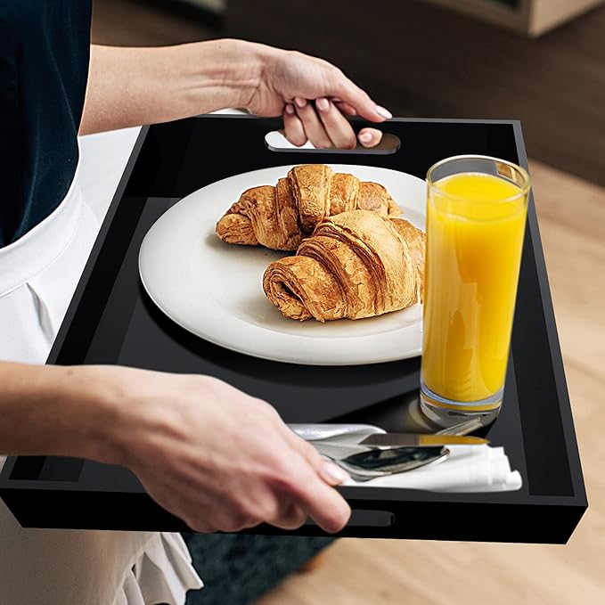 Acrylic Serving Trays with Handles, 16"x 12" Rectangle Sturdy Breakfast Tray, Black Decorative Trays Organiser for Bedroom, Kitchen, Living Room, Bathroom, Hospital and Outdoors - Bloomnest