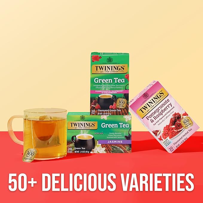 Twinings Green Tea with Pomegranate, Raspberry, & Strawberry Individually Wrapped Bags, 20 Count (Pack of 6), Caffeinated, Enjoy Hot or Iced, 120 Teabags - Bloomnest