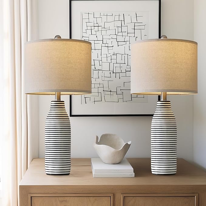 PORTRES 25" Ceramic Table Lamps Set of 2 Beside Lamps for Living Room Modern Bedroom Lamps for Night Stands with Rotary Switch Black and White Stripes - Bloomnest