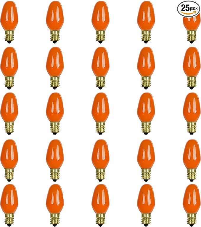 Sunlite 01270 7C7 Incandescent Bulb, 7 Watt, Candelabra E12 Base, C7 Small Night Light, Colored Bulb, Orange, 25 Count - Bloomnest