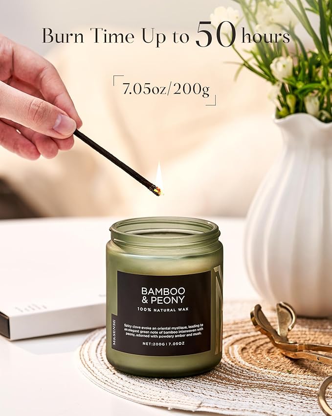 M&SENSE Bamboo Peony Spring Jar Candles for Home Scented Natural Organic Soy Candle Gifts for Women, 7.05oz 50 Hour Hours Burn Fresh Smelling Aromatherapy Gifts for Stress Relief - Bloomnest