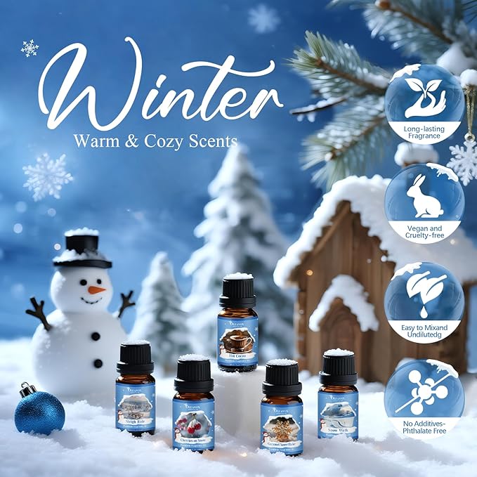 Winter Essential Oils Set, Premium Holiday Fragrance Oil for Diffusers, Scents for Candle & Soap Making,Hot Cocoa, Frosted Fir, Cashmere & Snowflakes and Sleigh Ride More 10x5ml,Aromatherapy Oils - Bloomnest