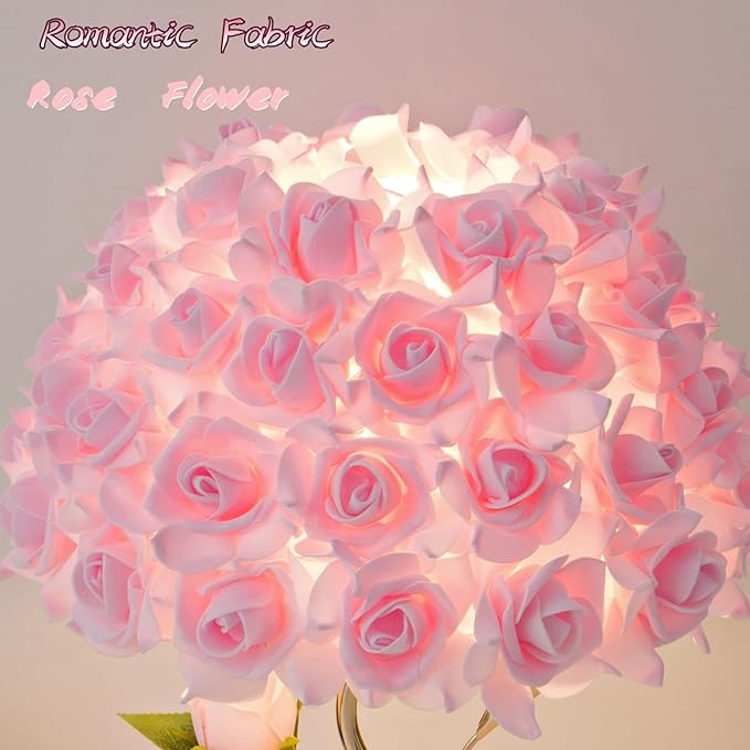 Pink Flowers Lamp Fabric Rose Table Lamp Flower Desk Lamp Creative Bedroom Nightstand Light or Wedding Decor Valentines Dating Party Livingroom Hotel Office Study Room - Bloomnest