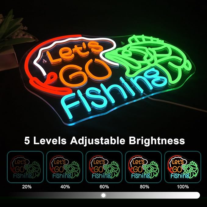 Lucunstar Let's Go Fishing Neon Sign Dimmable Fish Neon Light for Wall Decor LED USB Powered Fishing Hook Lights for Bedroom Living Room Man Cave Yacht Decor Men Gifts - Bloomnest