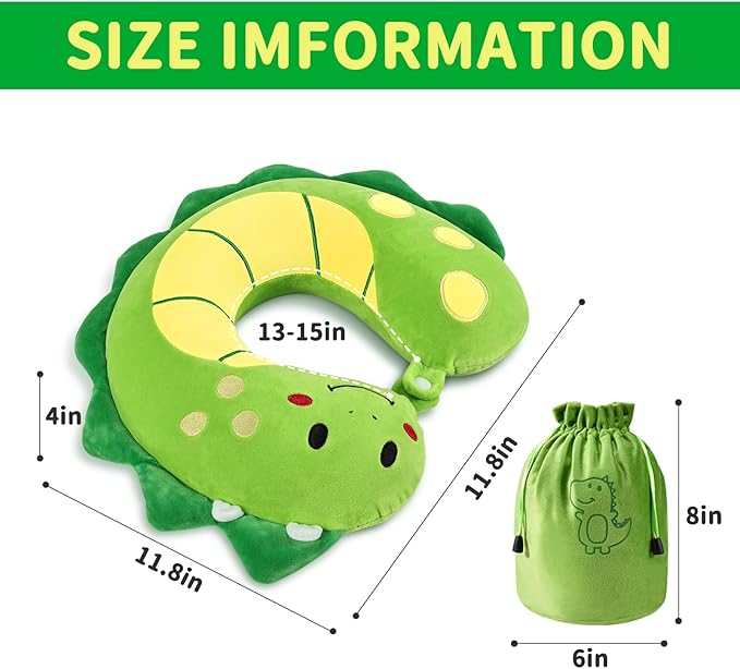 Travel Neck Pillow for Kids, Dinosaur Memory Foam Pillow with Cute Sleep Mask & Earplugs, Lightweight Travelling Pillow Set for Airplane, Car, Train, Bus and Home Use (Green) - Bloomnest