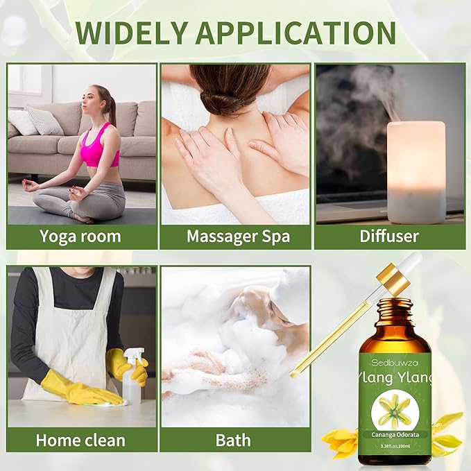 Sedbuwza Ylang Ylang Essential Oil, Ylang Ylang Oil 100% Pure Natural Ylang Ylang Fragrance Oil for Massage Diffuser Humidifier Candle Soap Aromatherapy Making - 3.38 OZ Sedbuwza