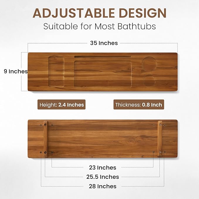 Teak Bathtub Tray - Wood Bath Caddy Tray 35" for Large Tubs - Adjustable Bathtub Table Trays - Luxury Shower Organizer for Home Spa Relaxation and Reading - Light Walnut Color - Bloomnest