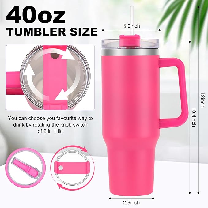 40 oz Tumbler with Handle and Flip Straw Lid, Vacuum Insulated Leak Proof Double Walled Stainless Steel Travel Mug Tumblers, Maintains Cold Ice and Heat for Hours(Hot Pink) - Bloomnest