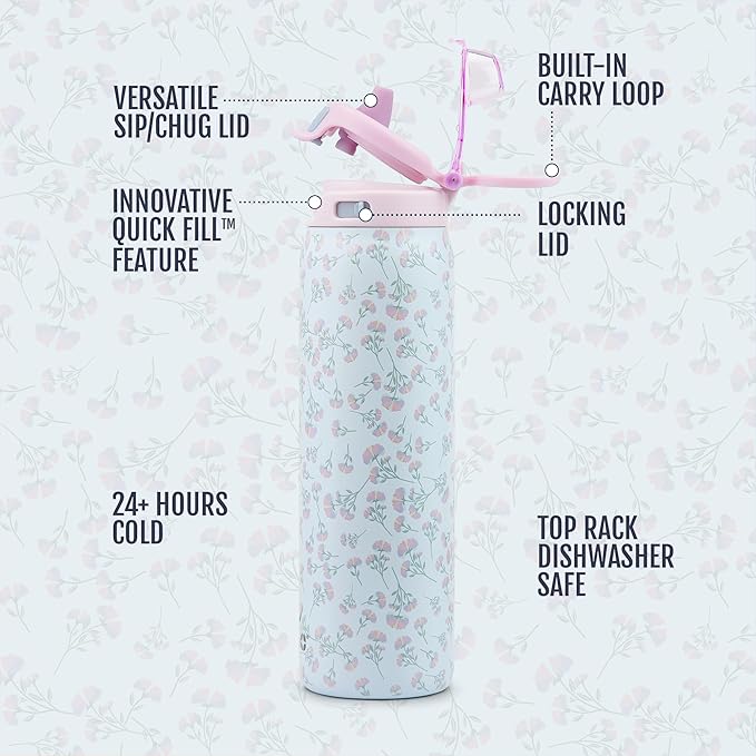 Ello Pop & Fill Insulated Stainless Steel Water Bottle with Quick Fill Lid, Leakproof Locking, Sip or Chug Spout, BPA-Free, Double Wall Vacuum Insulated for Sports, Travel & School- 22oz / 32oz / 40oz Ello