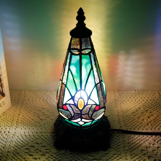 Small Tiffany Lamp Stained Glass Table Lamp 5.5X11 Inch Christmas Tree Lighthouse Mini Accent Memory Sympathy Antique Night Light for Bedroom Living Room (Green Liaison)