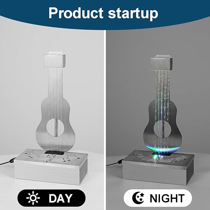 Indoor Tabletop Fountain with 3-Color LED Lights, 304 Stainless Steel Guitar-Shaped Desktop Meditation Waterfall for Home & Office Décor, Relaxing Water Feature Air-Purifying Gift