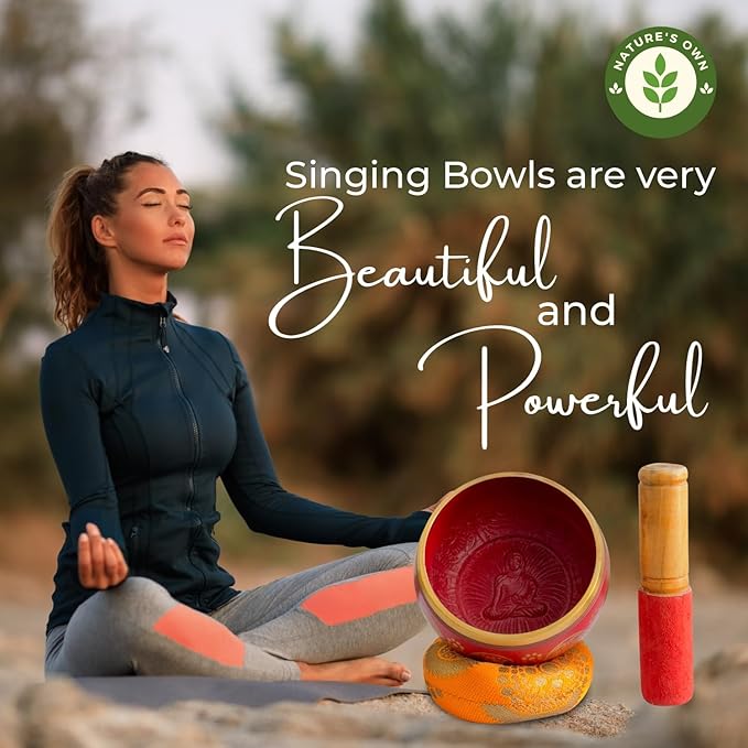 Nature’s Own Buddhist Tibetan Singing Bowl for Meditation - Authentic Metal OM Sound Bowl, Tibetan Prayer Instrument with Wooden Stick, Red 3.5 Inches - Deep Resonance for Healing & Relaxation - Bloomnest