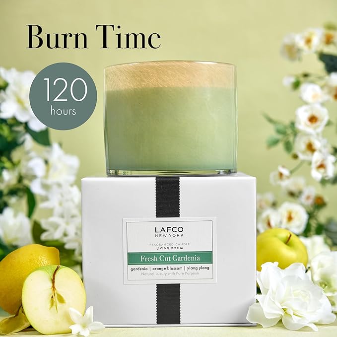 LAFCO New York 3-Wick Candle, Fresh Cut Gardenia - 30 oz - 120-Hour Burn Time - Reusable, Hand Blown Glass Vessel - Made in The USA - Bloomnest