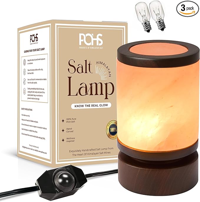 POHS Himalayan Pink Salt Round Lamp with Premium Brown Polished Wooden Base, 60'' Long Dimmer Switch Cord and Two Light Bulbs; Hand Crafted,for Home, Office and Gift for Christmas
