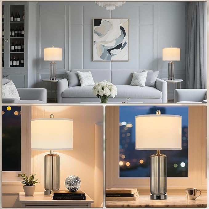 Table Lamps Set of 2 with Touch Control, 3-Way Dimmable Nightstand Lamp with Vertical Grained Glass, Grey Bedside Table Lamps, 27" Modern Glass Bedside Lamps with USB A+C Ports, Desk Lamp for Bedroom - Bloomnest