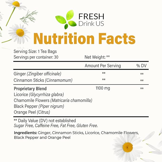 FreshDrinkUS, Premium 30 Tea Bags Immune Support Herbal Tea, Ginger, Cinnamon, Chamomile, Licorice Root, Black Pepper and Orange Peel – 100% Natural, Caffeine-Free, Vegan - Bloomnest