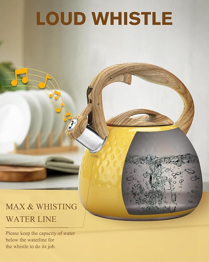 Tea Kettle, Stovetop Teapot, 2.5 Quart, Loud Whistle, Food Grade Stainless Steel and Smooth Wood Pattern Handle, Sophisticated Look for Hiking, Picnic, for Tea, Coffee, (Yellow) - Bloomnest
