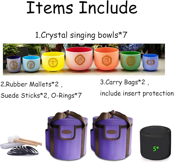 432HZ 7-12 inch Set of 7 Color Gold Powder Printing Frosted Chakra Quartz Crystal Sound Singing Bowls Healing Meditation Yogo and 2 Travel Carry Case Bag 2 Mallet Suede 2 Strikers 7 O-rings - Bloomnest