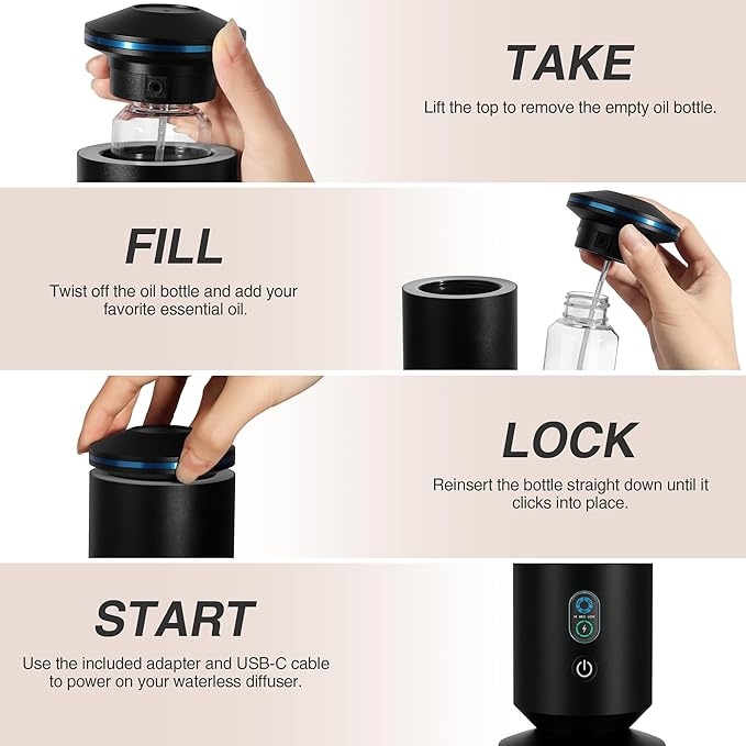 Waterless Scent Diffuser Starter Kit - 1500 Sq Ft Coverage, Scent Diffuser for Home, Hotel, Studio, Essential Oil Diffuser Large Room, 7 Mood Lights Setting, 5 Essential Oils Included, Black, 11.50In - Bloomnest