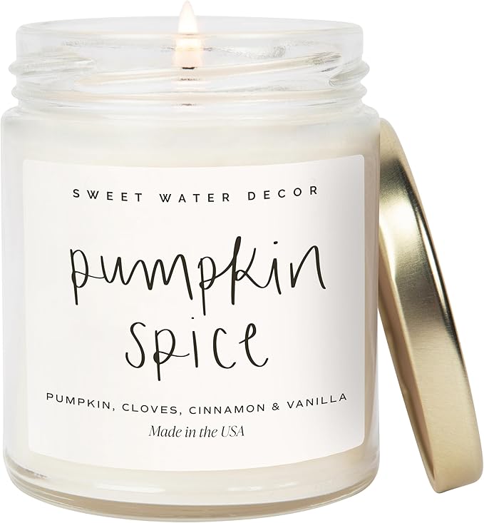 Sweet Water Decor Pumpkin Spice Candle - Fall Candles with Pumpkin, Clover, Cinnamon & Vanilla Scent for Home - Autumn Candle with 40 Hours Burn Time - 9Oz Gold Lid Clear Jar Cozy Soy Candles - Bloomnest