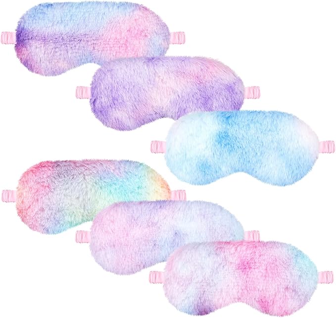 Cuffbow 6 Pcs Plush Sleep Eye Mask Silk Furry Eye Covers for Sleeping Cute Sleep Mask Fluffy Comfortable Sleeping Blindfold for Travel Sleepover Nap Party Supply Girls Women(Tie Dye,Rainbow) - Bloomnest