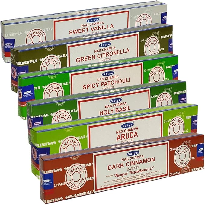 Satya Incense Sticks Variety Pack #8 and Incense Stick Holder Bundle with 6 Festival Fragrances TRUMIRI