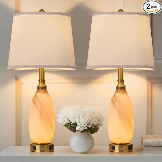 AIDENOEY 26" Modern Art Glass Table & Bedside Lamp, Stepless Dimmable Base + Dimmable 3-Color Light, USB A/C Charging Ports, Touch Control & Switch for Bedroom, Living Room, Office, Study - Bloomnest
