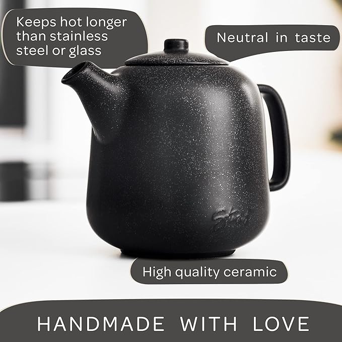 Steinzeit Design Tea Pot (44 oz) - Premium Ceramic Teapot with Infuser for Loose Tea - Black Teapot Ceramic with Removable Strainer - Bloomnest
