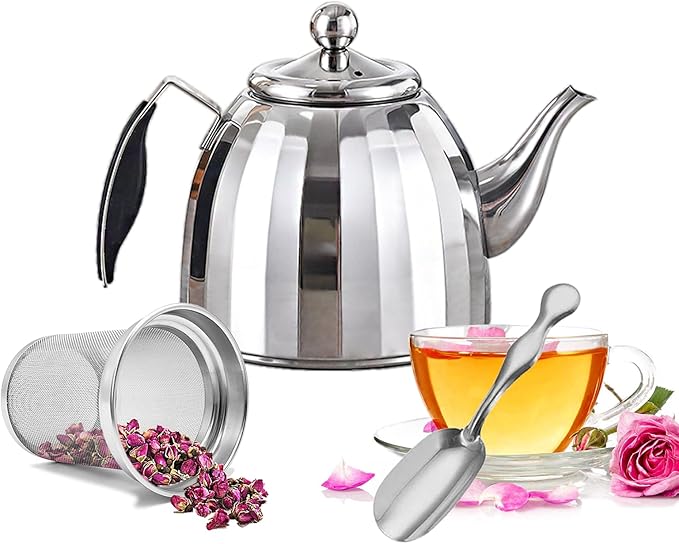 Stainless Steel Tea Pot with Removable Infuser - Loose Leaf Tea Maker, Home & Kitchen Teapot - Medium 50.7oz, Stovetop Safe Teapot for Tea/Coffee, Mirror Finish (1500ml) - Bloomnest