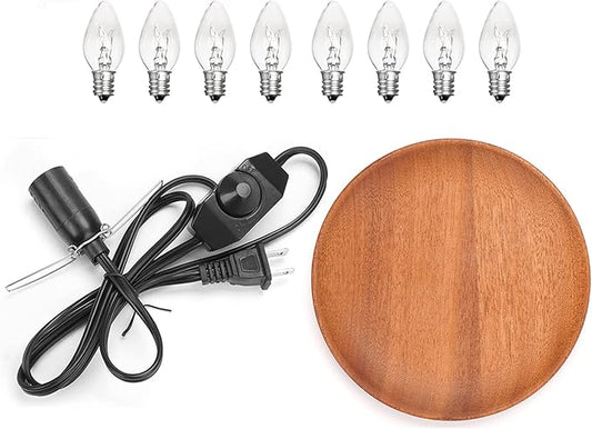 1 Pack Salt Lamp Cord Replacement with 1 Pack Wooden Tray and 8 Pack 15 Watts E12 Halogen Salt Lamp Bulbs