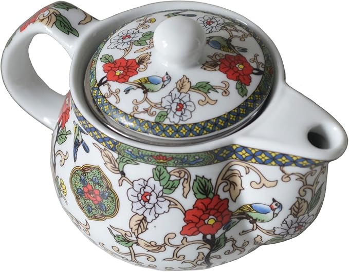Small Porcelain Teapot, 9oz Tea Pot with Stainless Steel Filter Colorful Chinese Flower Birds (Flowers and birds)