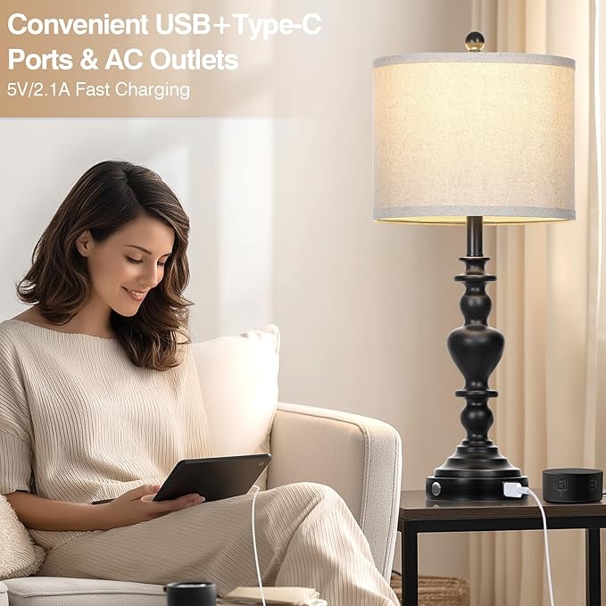 Farmhouse Table Lamps Set of 2, 27" Black Vintage Bedside Lamps with USB A+C Charging Ports, 3-Way Dimmable Touch Control Rustic Nightstand Lamp for Living Room Office(Bulbs Included) - Bloomnest
