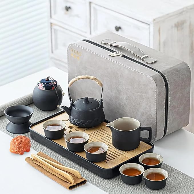 ICHAG Japanese & Chinese Tea Set, Adults' Portable Gongfu Tea Set with Teapet with Porcelain Teapot, 8oz Teapot,14-Piece 茶具 for Home/Outdoor/Office Gifts (Gray) - Bloomnest