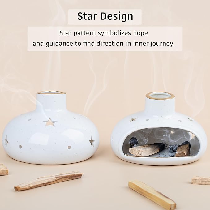 ZenBless 3 in 1 Incense Holder for Palo Santo Sticks Sage Incense, Handcrafted Ceramic Incense Burner Holder Ash Catcher with Chimney, Smudge Bowl for Yoga Meditation Room Home Decor ZenBless
