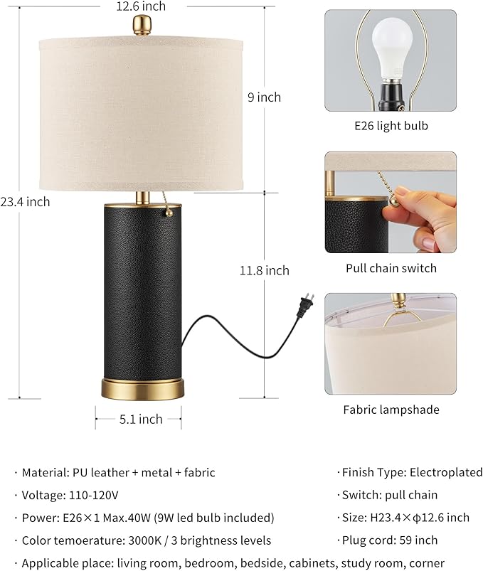 KDG 23.4" Black PU Leather Table Lamps for Living Room Set of 2, 3 Level Brightness LED Modern Home Decor Fabric Lampshade Desk Lamp Lighitng for Bedroom, Bedside, Farmhouse, Nightstand, Night Light - Bloomnest