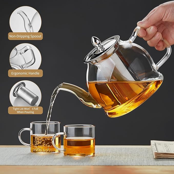 1200ml Glass Teapot with Removable Infuser, Stovetop Safe Tea Kettle, Blooming and Loose Leaf Tea Maker Set - Bloomnest