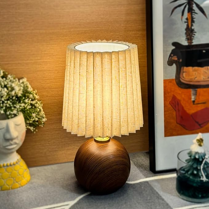 Small Pleated Table Lamp for Bedroom, Bedside Lamps for Nightstand, Dimmable Desk Lamp Ceramic Wood Grain Base Round Flaxen Fabric Shade for Living Room, Kids Room, LED Bulb Included (Modern) - Bloomnest