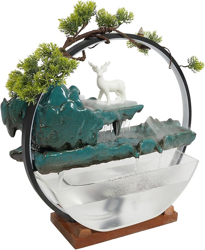 Large Modern Desktop Fountain with Atomizer & Fish Tank, Indoor Waterfall for Living Room, Office, Bedroom Decoration, Relaxing Table Top Fountain with LED Light - Bloomnest