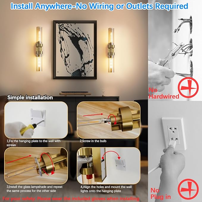 Rechargeable Wall Sconces Set of Two with Remote, Gold Battery Operated Wall Sconce with Amber Glass, Sconces Wall Decor Set of 2 Wall Light Fixtures for Bedroom Bathroom Mirror Living Room - Bloomnest