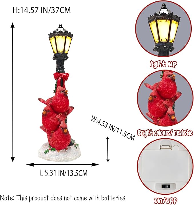 Christmas Red Bird Statue for Holiday Decor, Resin Cardinal Figurine with LED Lamppost, Indoor Glowing Lamppost, 14.57'' Resin Cardinal Christmas Decoration - Bloomnest