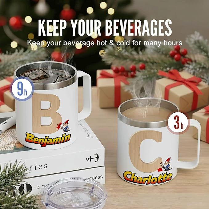 Personalized Gnome Mug with Name and Initial - Funny 12oz Insulated Stainless Steel Coffee Cup Tumbler with Handle & Lid - Custom Gifts for Boys, Kids - Wood Texture Monogram (B152) - Bloomnest