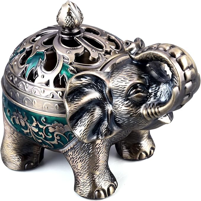 K COOL Metal Backflow Incense Holder Elephant Cone Incense Burner Candle Holder with Lid, Aromatherapy Ornament Home Office Decoration for Indoor Outdoor (Green) - Bloomnest