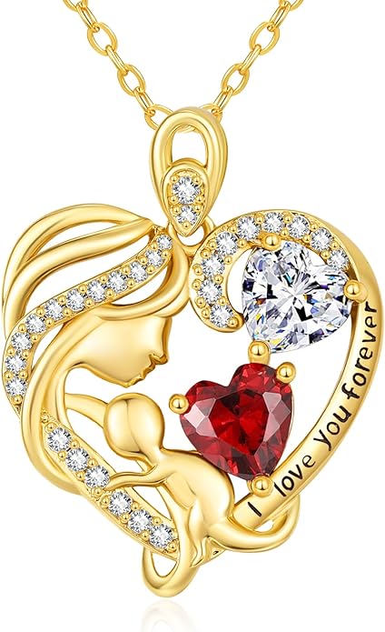 14K Gold Double Birthstone Heart Necklace for Women Mom, Mother Son/Daughter Pendant Necklace for Christmas Mother's Day Birthday Gifts for Wife Daughter Grandmom - Bloomnest