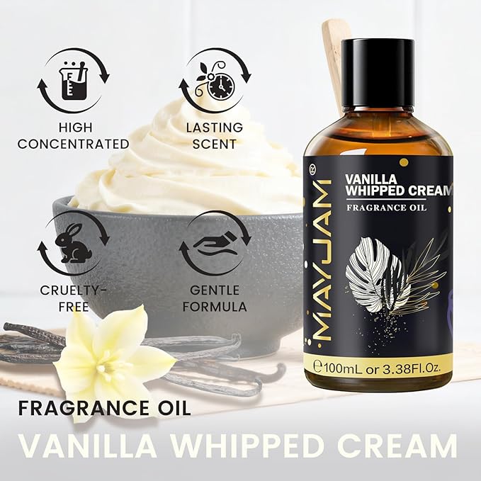 Vanilla Whipped Cream Fragrance Oil Essential Oil, MAYJAM 3.38FL.OZ Vanilla Whipped Cream Oil for Diffusers for Home, Long Lasting Scented Oils for Soap Candle Making - 100ML MAYJAM