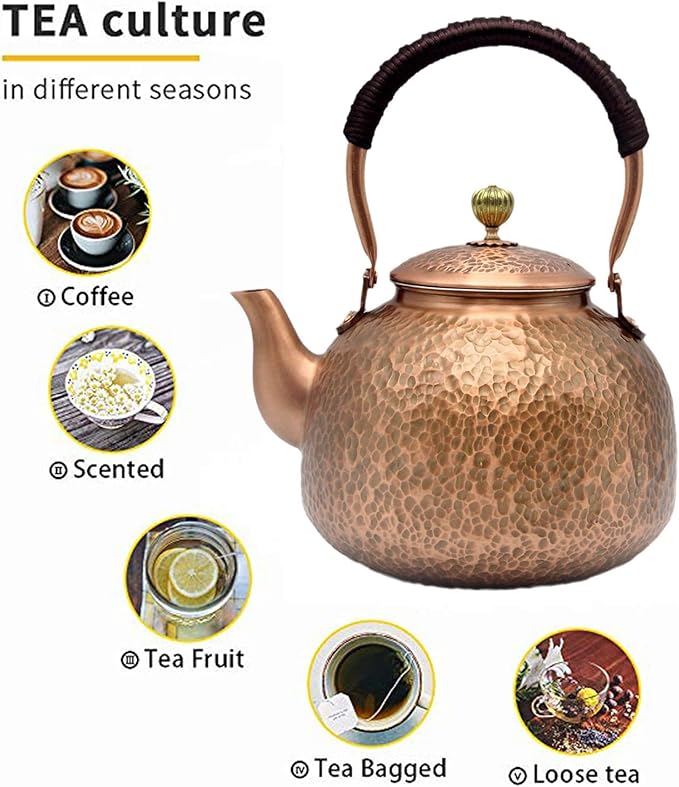 YJX Copper Tea Kettle For Stovetop, Japanese Style Non-Coating Pure Copper Teapot with Stainless Steel Infuser For Loose Tea, Large and Solid Tea Pot For 3-7 Cups (2000ml) - Bloomnest