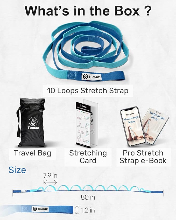 Tumaz Stretching Strap - 10 Loops & Non-Elastic Yoga Strap - The Perfect Home Workout Stretch Strap for Physical Therapy, Yoga, Pilates, Flexibility - [Extra Thick, Durable, Soft] - Bloomnest