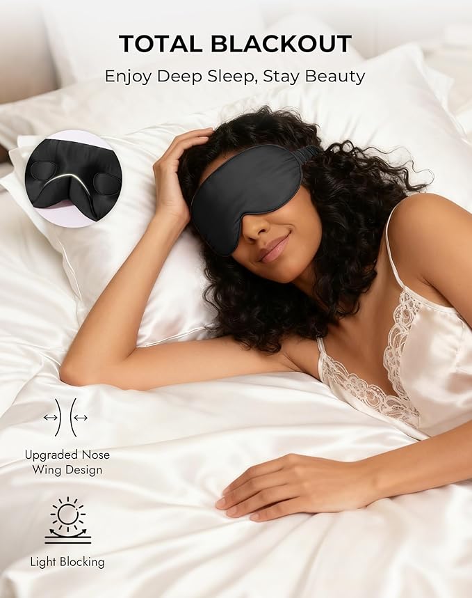 SilkSilky 100% 22 Momme Mulberry Silk Sleep Mask – Upgraded 3D Contoured Eye Mask with Nose Wing Pads & Adjustable Strap, Luxury Blackout Eye Cover for Women & Men (Black) - Bloomnest