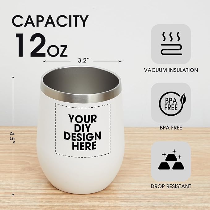 Personalized Custom Wine Tumbler Print in USA 12oz Stainless Steel Travel Coffee Cup with Lid & Straw Double Wall Insulated Mug with Colorful Text Logo Photo - Bloomnest