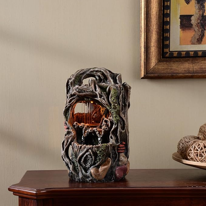 Tabletop Water Fountain, Home Décor Soothing Sound Machine with Automatic Pump, Nature Tree Stump Resin and for Indoor Zen Relaxation for Office, Living Room, or Bedroom Décor